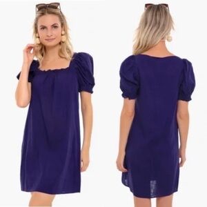 Tuckernuck Pomander Place Navy Blue Puff Sleeve Linen Mini Dress Size Small Boho